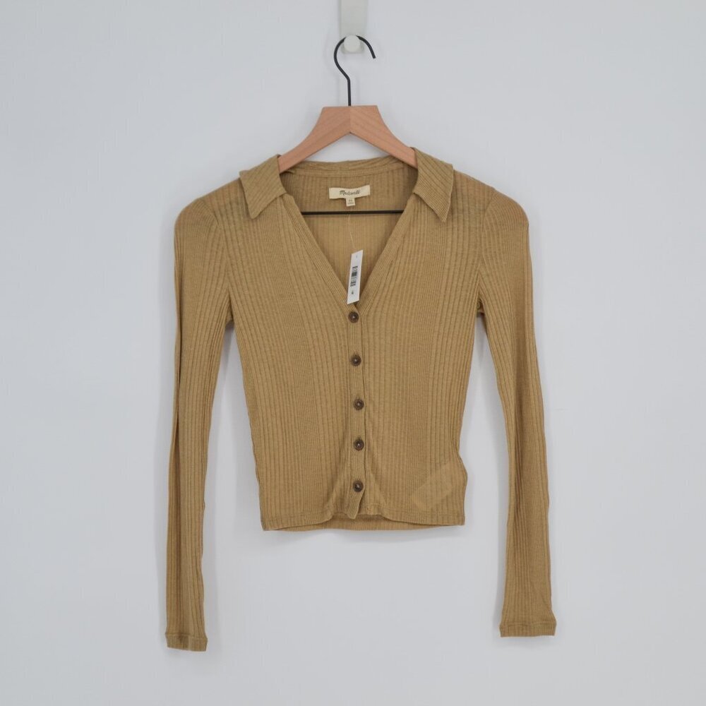 NEW Madewell Variegated Rib V-Neck Polo Shirt in Drill Khaki Tan Women's XS
